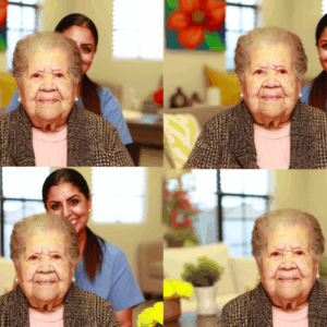 elderly woman smiling in a care facility with a caregiver
